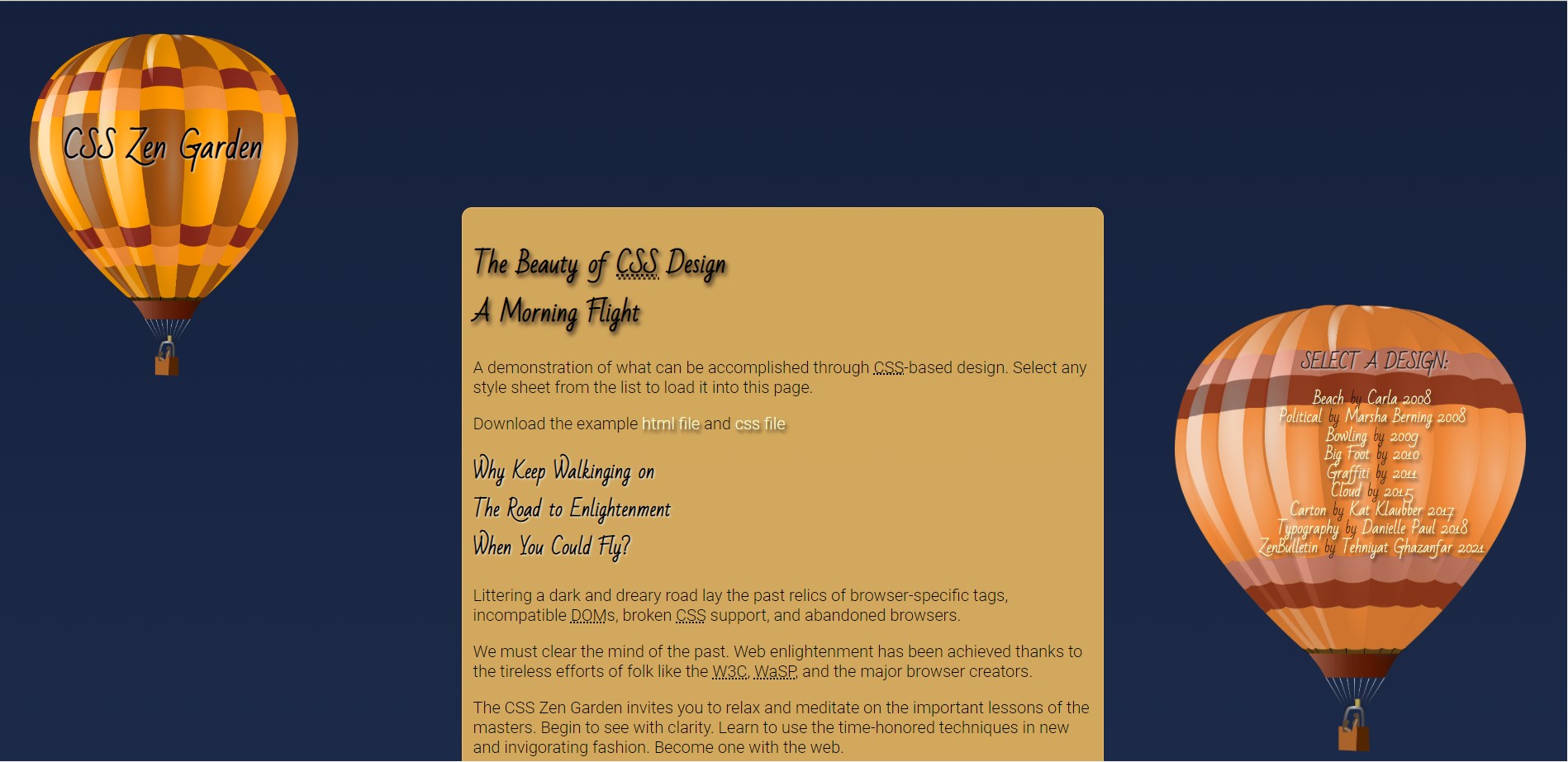 A website with bright balloons and a text body on a dark blue background